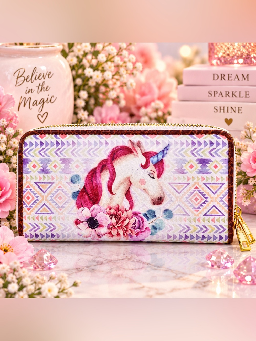 Brentano Pink Unicorn Double Zip Wallet Wristlet Vegan NWT